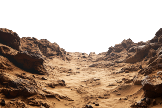 Martian landscape isolated on transparent background. Barren rocky desert surface of red planet