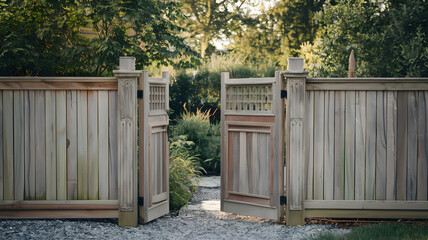 Fencing maintenance sustainable concept. Wooden garden gates open to a lush green pathway surrounded by nature.