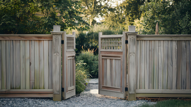 Fencing maintenance sustainable concept. Wooden garden gates open to a lush green pathway surrounded by nature.