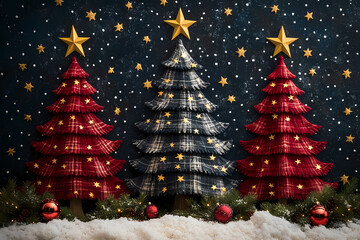 Fototapeta premium An image of plaid Christmas trees with a black and white polka dot background and bright reds and yellow stars at the top of the tree.