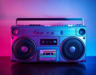Fototapeta premium Generated image Vintage boombox with cassette tape bathed in vibrant neon pink and blue light