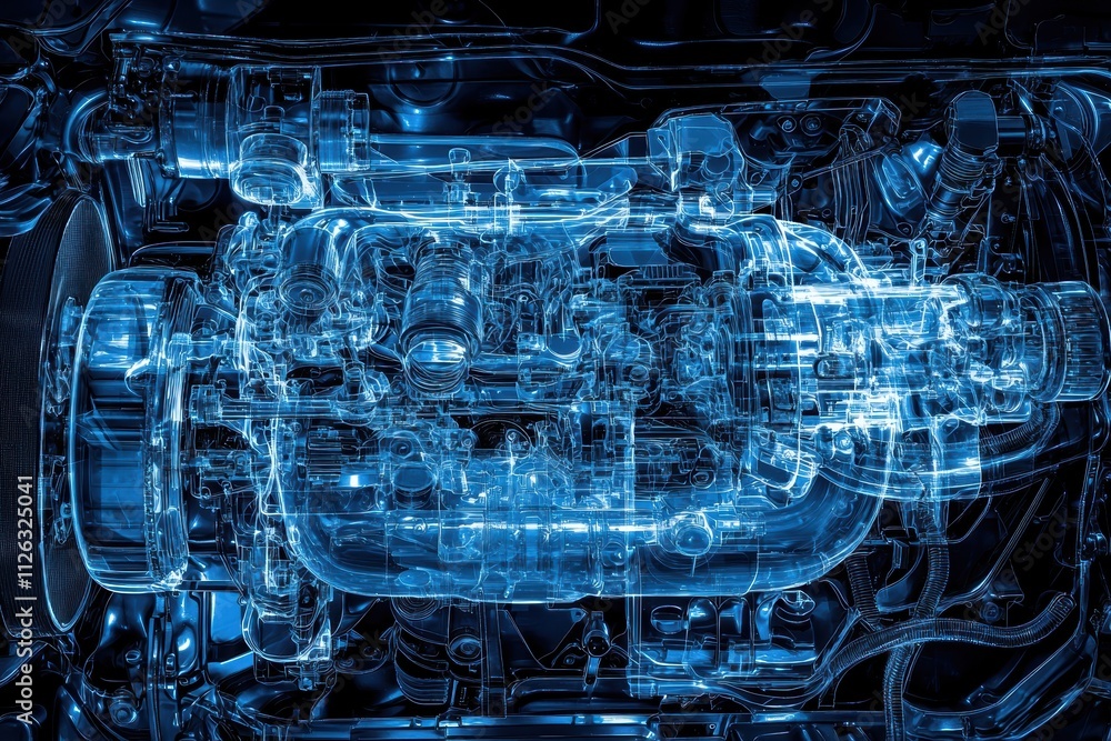 Poster transparent automotive engine rendering with detailed components