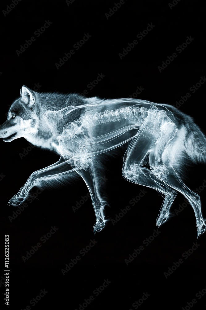 Poster x-ray image of a wolf in motion capturing anatomical structure