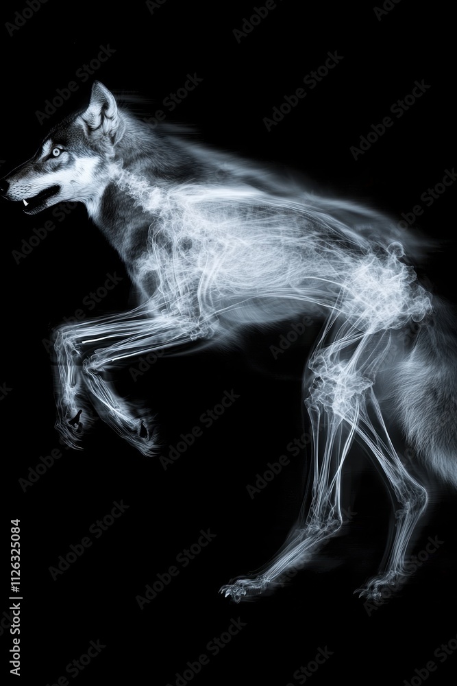 Poster x-ray image of a wolf in motion showcasing skeletal structure