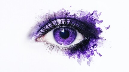 Purple eye with watercolor splash effect.