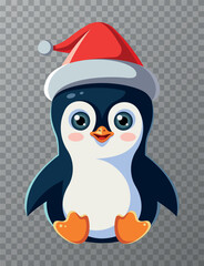 Cute cartoon penguin in a Santa Claus hat. Symbol of New Year and Christmas. Children's flat vector illustration isolated on transparent background