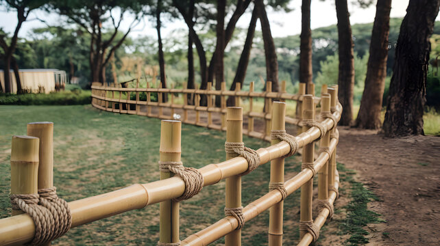 Fencing maintenance sustainable concept. Curved bamboo fence in a lush green park setting.