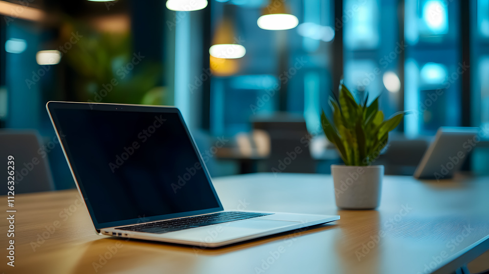 Poster a laptop computer with its lid open, placed on a table in a meeting room.