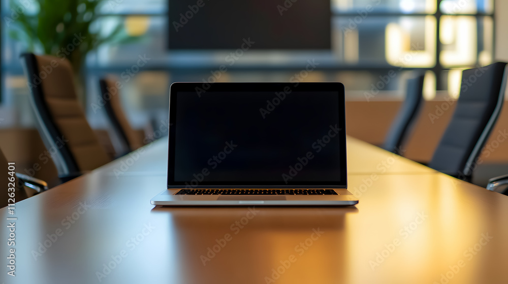 Poster a laptop computer with its lid open, placed on a table in a meeting room.