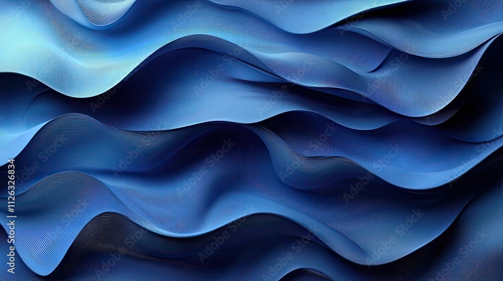 Poster blue waves create an abstract pattern resembling flowing fabric in a textured design