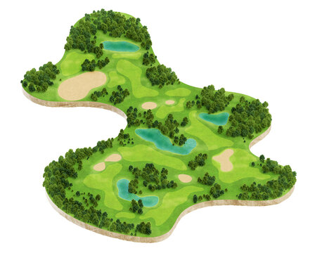 3d realistic illustration of golf course map in isometric view. Nature landscape territory for game isolated on white background.
