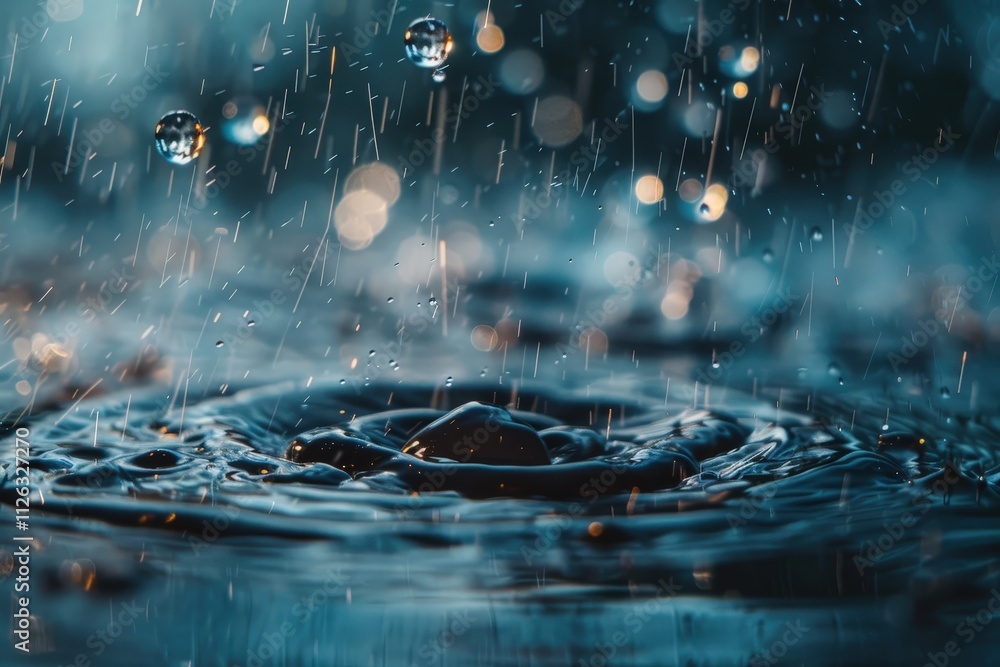 Poster Capturing the beauty of water droplets creating splashes in a dark setting during a rain simulation
