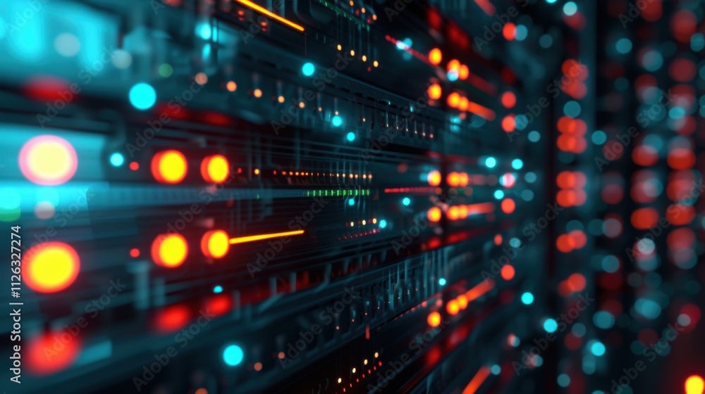 Poster server racks with flashing lights and cables transmitting data in a modern data center, highlighting