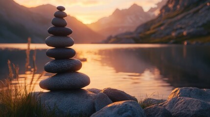 Stack of balancing zen stones near peaceful mountain lake digital