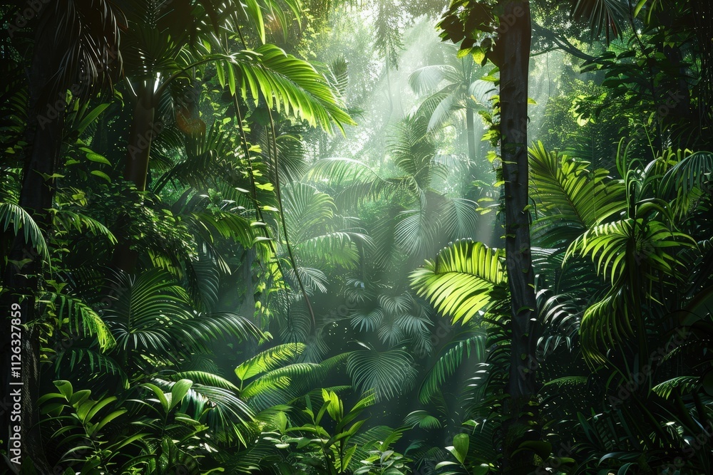 Poster majestic rainforest alive with lush greenery and beams of sunlight filtering through the dense canop