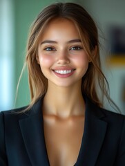 Fototapeta premium A woman with dark hair and a black jacket is smiling