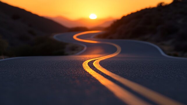 The Road Ahead: A winding asphalt road stretches towards a vibrant sunset, promising adventure and new horizons. The warm glow of the setting sun casts a golden hue on the road ahead.