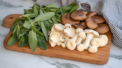 Wild forest mushrooms including maitake, oyster, and enoki with sage sprigs on a wooden chopping board, Generative AI 