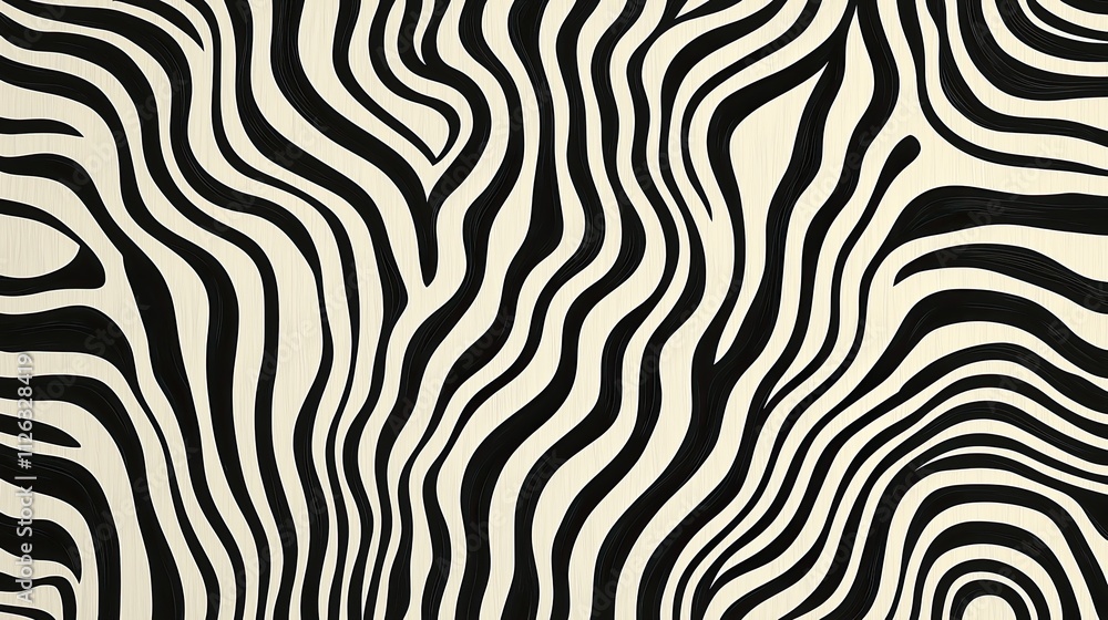 Poster striking black and white abstract pattern with flowing lines and curves creating a lively visual eff