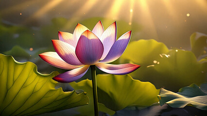 Illustration of lotus flower and lotus bud, flowers are illuminated by the rising sun, petals shine at their tips