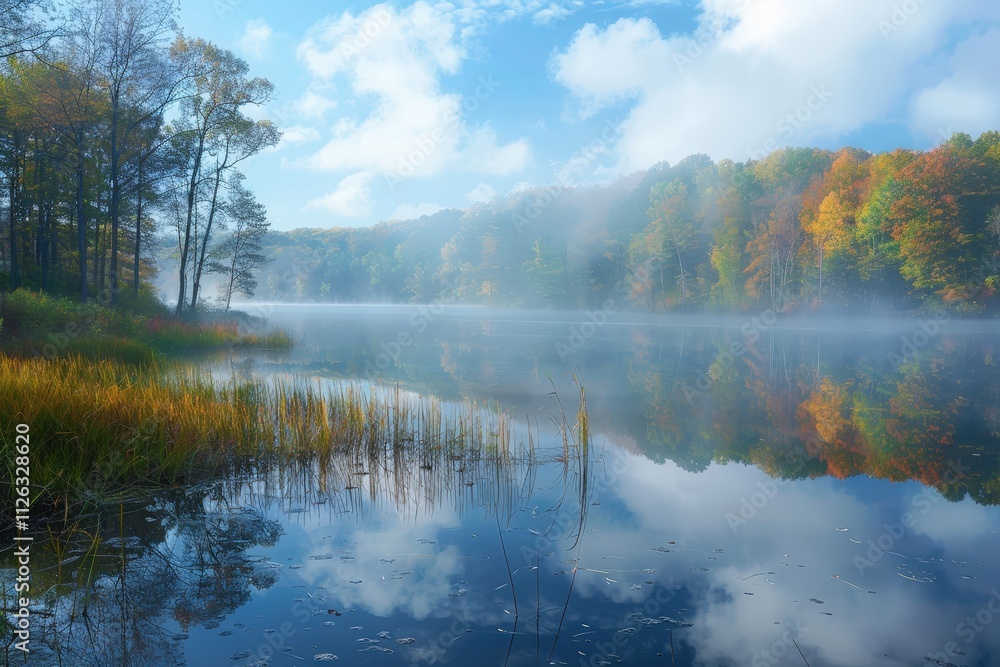 Poster misty morning at a tranquil river surrounded by lush trees and fog, creating a serene atmosphere in 