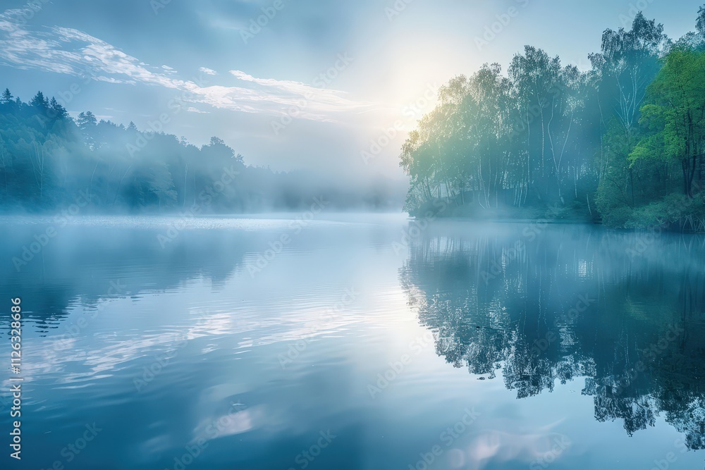 Poster Misty morning at a tranquil river surrounded by lush trees and fog, creating a serene atmosphere in nature