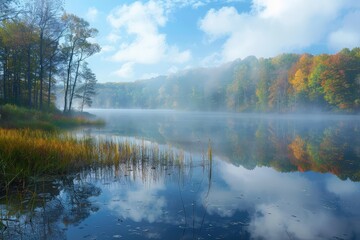 Misty morning at a tranquil river surrounded by lush trees and fog, creating a serene atmosphere in nature