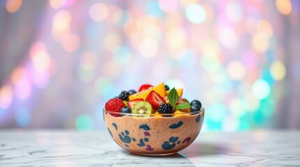 Naklejka premium A bowl of fruit salad with bananas, strawberries, blueberries, and raspberries. The bowl is on a wooden table