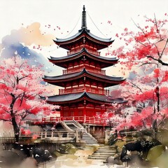 Obraz premium A traditional Japanese pagoda surrounded by cherry blossoms, painted in watercolor