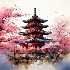 Obraz premium A traditional Japanese pagoda surrounded by cherry blossoms, painted in watercolor
