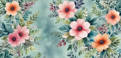 Hand-painted watercolor floral background with bohemian style flowers and foliage, flowers, seamless, natural, leaves