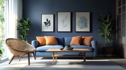 Fototapeta premium Contemporary living room with blue sofa, wooden table, armchair, plants, and artwork in modern minimalistic design