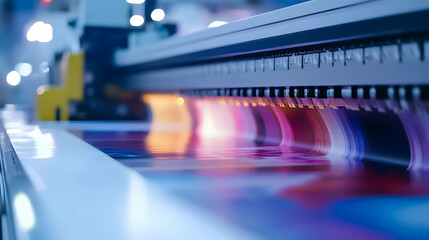 Obraz premium Large format printing machine in operation within an industrial setting.