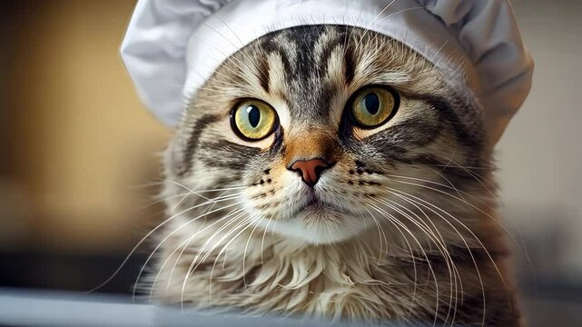 Funny cat chef wearing white toque looking adorable and ready to cook