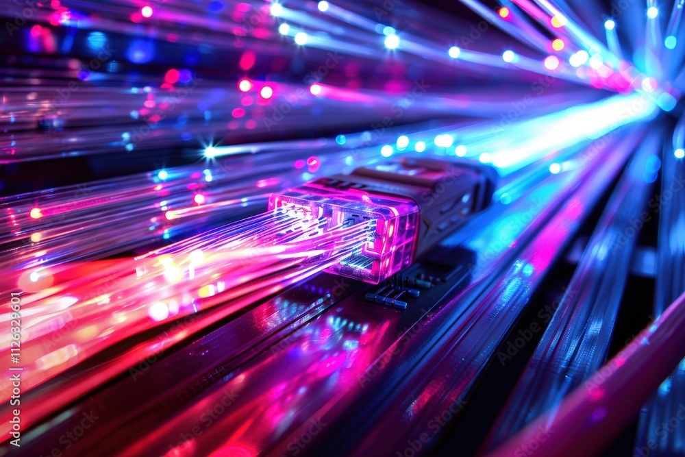 Poster Digital network cables illuminate communication pathways with vibrant light bursts and intricate circuitry patterns in a modern setting