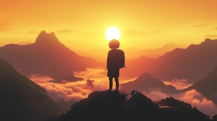 A silhouette of a child on a mountain peak at sunset, evoking adventure and exploration.
