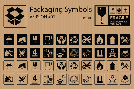 Corrugated Box Packaging and warning symbols set, fragile cargo icons, fragile package warning signs umbrella, box in hands, glass, side up box, logistics delivery shipping special labels vector