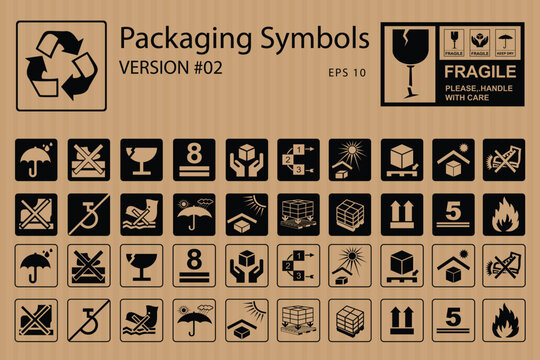 Corrugated Box Packaging and warning symbols set, fragile cargo icons, fragile package warning signs umbrella, box in hands, glass, side up box, logistics delivery shipping special labels vector