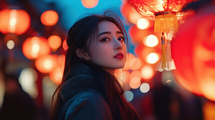 Beautiful Asian Woman on festive street background with traditional red lanterns. Chinese New Year, Lunar New Year