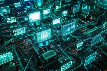 Vintage computers and retro technology create an intricate network in a dimly lit storage space filled with tech relics from the past and a modern aesthetic