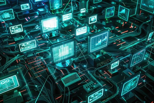 Vintage computers and retro technology create an intricate network in a dimly lit storage space filled with tech relics from the past and a modern aesthetic