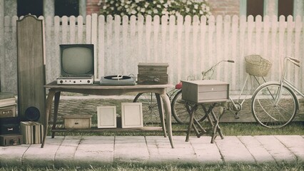 Retro-themed garage sale poster with vintage items and nostalgic design