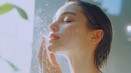 Woman cleansing face with foam, water splashing.