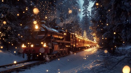 Fototapeta premium A classic steam train travels through a snowy forest at night, illuminated by glowing lights and surrounded by magical snowfall.