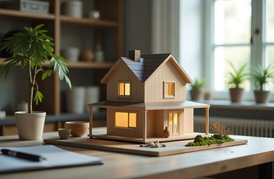 Model cottage building house stand on architect desk office. AI Generative