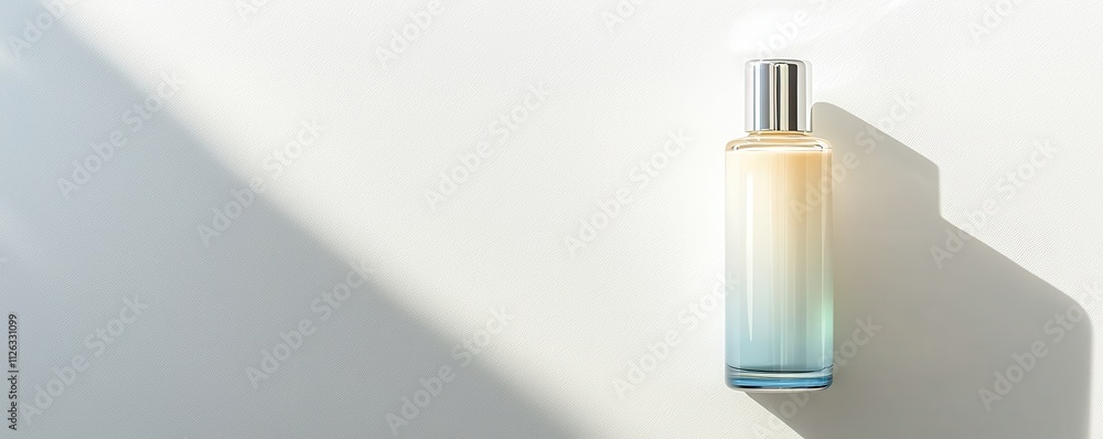 Poster stylish perfume bottle with a gradient design casting a soft shadow on a textured surface.