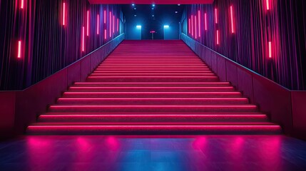 Fototapeta premium Modern staircase illuminated with vibrant pink and blue lights in a stylish venue