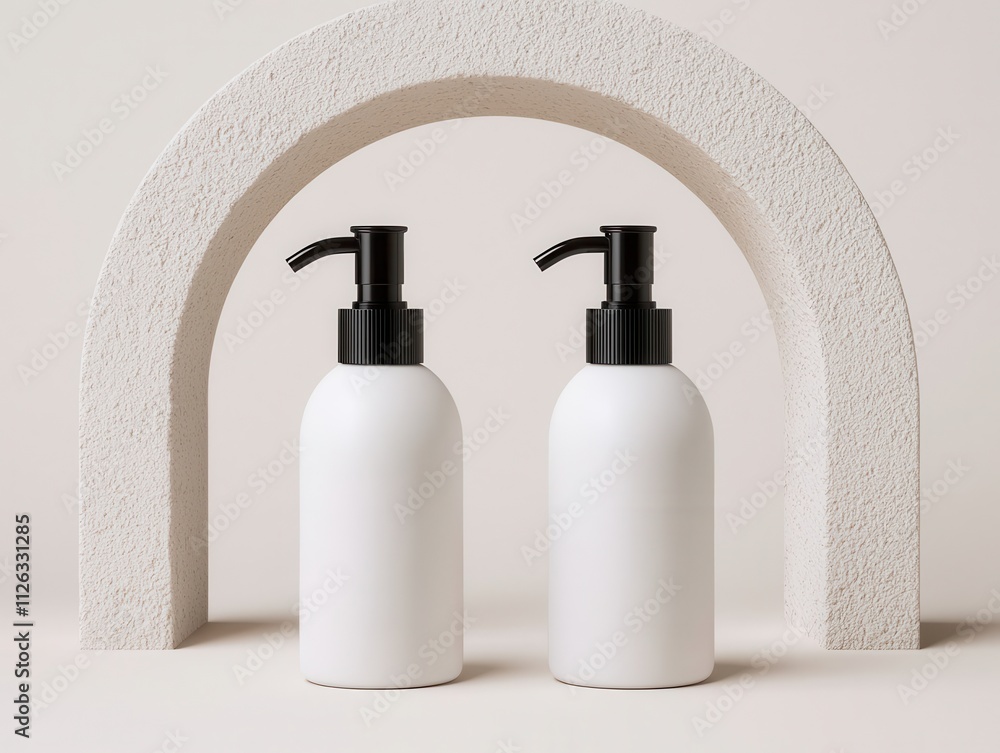 Poster two minimalist white bottles with black pumps, positioned under a textured arch, creating an elegant