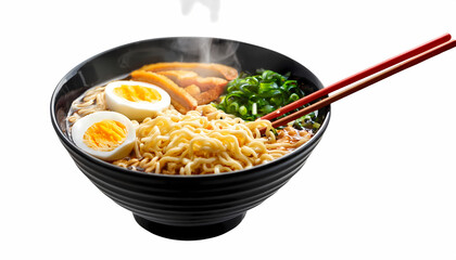 Steaming Hot Bowl of Ramen Noodles with Egg and Chopsticks