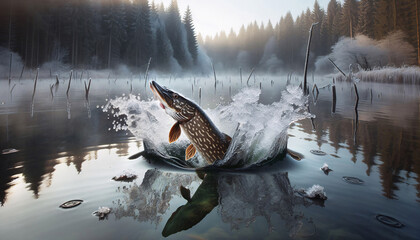 Ein Hecht springt aus einem See, copy space